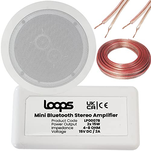 Loops Bluetooth Amplifier & Dual Coil Stereo Ceiling Speaker Kit – Wireless Compact/Mini Home HiFi Amp – Audio Music Player System – Living Room/Bathroom/Kitchen