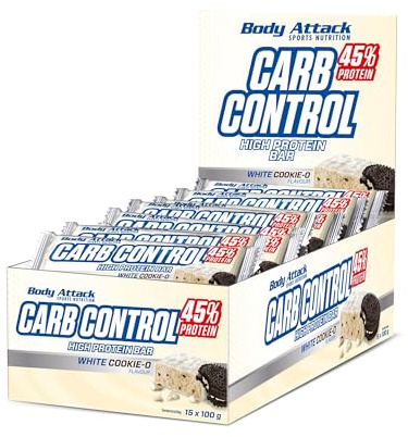 Body Attack Carb Control White-Cookie-O, 15 x 100 g Riegel - Fitness Protein Riegel mit mehr als 45% Eiweiß aus Milch- und Molkenisolat - Mit Vitamin B1, B2, B6, B12, Folsäure & Niacin - zuckerarm