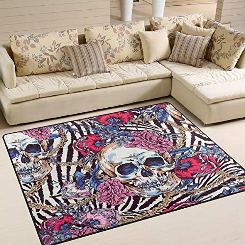 Mnsruu Teppich, Motiv: Totenkopf mit Rosen- und Zebramuster, Textil, multi, 203cm x 147.3cm(7 x 5 feet)