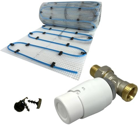 Dünnbett Warmwasser Fußbodenheizung HoWaTech Komplett Set 2,5-10m² Einrohr Heizmatte und RTL-Ventil, Heizfläche:10.00m²