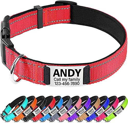 TagME Hundehalsband personalisiert, Reflektierendes gepolstertes Nylon Hundehalsband für große Hunde mit Namen und Telefonnummer