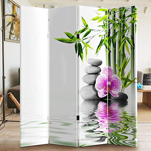 BAKAJI Paravento Separè 4 Pannelli Struttura in Legno Rivestimento in Tela con Stampa Fronte Retro Pietre Orchidea ZEN Divisorio Richiudibile Pieghevole Design Moderno (180 x 160 cm 4 Pannelli)