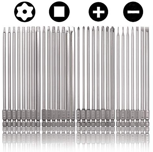 Rocaris 30 Pack 1/4 Inch Hex Shank Long Magnetic Screwdriver Bits Set 6 Inch Power Tools(Slotted+Cross+Square +Torx)