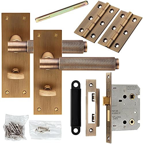 Door Handle & Bathroom Lock Pack - Antique Brass Knurled Lever Turn Backplate | Complete Matching Set for 1x Interior Door - Handle, Hinges & Thumb Turn Bathroom Lock & Latch | Privacy WC Toilet