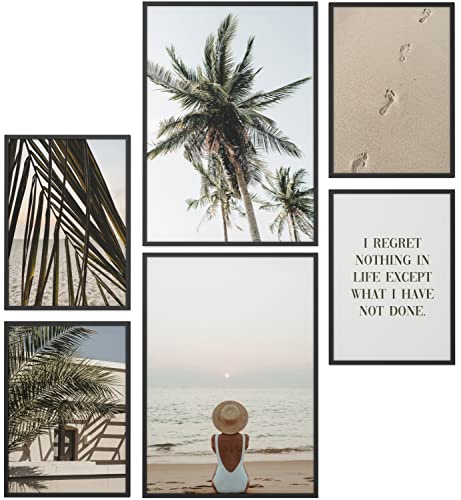 Papierschmiede® Mood Poster Set Coco Coco Beach, Gerahmte Bilder (Rahmen: Material und Farbe wählbar), Wohnzimmer Deko Wandbilder Schlafzimmer, 2x A4 und 4x A5, Palmen Strand Beige Grün