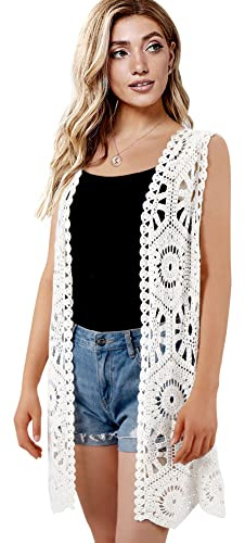 Womens Floral Crochet Lace Boho Trim Sleeveless Open Front Vest Cardigan
