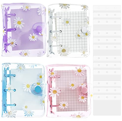YETOOME 4 Sets Mini Transparent 3 Ring Binder Covers with Daisy Pattern Binder Inner Paper and Pockets Clear Soft PVC Notebook Loose Leaf Binder with Snap Button for Diary Journal
