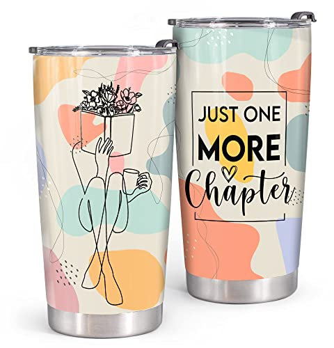 Book Lovers Just One More Chapter Reading Tumbler - Birthday Gift for Librarian, Bookworm, Bookish Reader - World Book Day Travel Coffee Mug With Lid 20oz