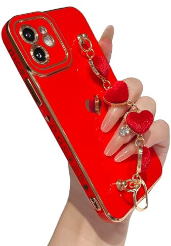 Caseative iPhone 12 Case, Cute Plating Love Heart Wrist Strap Chain Bracelet, Soft Silicone, Red, Hearts, Wireless Charging Compatible, Screen Protection, Dirt/Drop/Scratch Resistant, Anti-Fingerprint