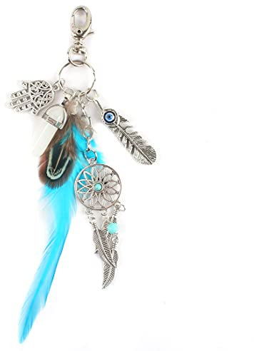 IUDWCG 1 Pcs Traumfänger Schlüsselanhänger Feder Edelstein Schlüsselanhänger Bohemian Style Metall Schlüsselanhänger Geschenk für Mädchen und Damen Paare (blau)