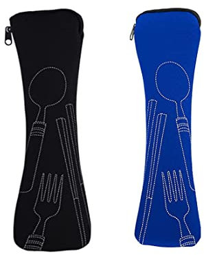 Bestecktasche für Unterwegs, 2 stück Tragbare neopren picknick Bestecktaschen Geschirr Camping leer kinder Schule waschbar Besteck to go,Bestecktasche, Tragbare Bestecktaschen(Blau/Schwarz)
