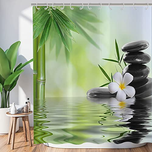 Hnmdmyi Rideau de Douche Zen Jardin 180x180, Spa Bambou Vert Pierre Noire Fleur Blanche Rideau de Baignoire Méditation Japonaise Détente Tissu étanche Lavable Rideau de Bain avec Crochets