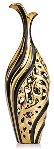 Schwarz Gold Bodenvase 50cm Hoch, Keramik Große Deko Vasen Durchbrochen Kreative Vase Für Pampasgras & Trockenblumen, 50cm Hohe Standvase für Home Office Hochzeit Weihnachten Einweihungsparty Dekor