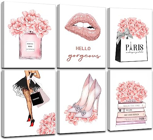 Gerahmte rosa Make-up-Raum-Wandkunst, modische Frauenbild, Wanddekoration, Gemälde, Aquarell, Parfüm, High Heels, Lippenstift, Schönheit, Raumdekoration, Bilder für Mädchen und Frauen, Raumdekoration,