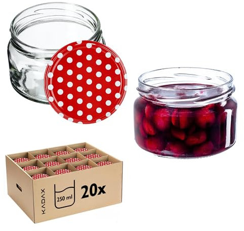 KADAX 20st Einmachgläser 250 ml, Marmeladengläser mit Twist-Off Deckel fi82, Dessertgläser, Luftdicht & Spülmaschinenfest, Dickwandiges Glas, Auswahl an Schraubverschlüssen (Rot gepunktet)