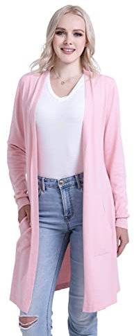 SMILING PINKER Cardigan long léger à col en V et manches longues ouvert sur le devant avec poches pour femme, rose, S