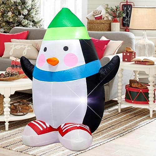 Ycolnaefllr 122cm Aufblasbarer Pinguin mit LED-Beleuchtung | Weihnachtsdekoration für Indoor & Outdoor | Inflatable Christmas Penguin with Green Hat and Built-in Lights for Yard, Garden, Home