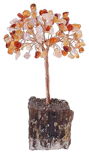 mookaitedecor Healing Crystal Tree on Amber Calcite Cluster Base | Reiki Crystal Money Tree Ornament for Home Office Decor, Feng Shui Bonsai Tree Raw Crystal Gift, Carnelian