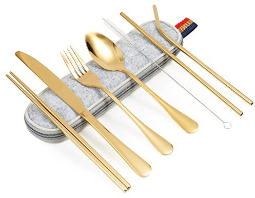 Cubiertos Camping 8 Piezas, Kit Para Llevar Menaje, Set De Platos y Cubiertos, Apto Para Lavavajillas, Resistente a La Decoloración, Adecuado Para Viajar (Oro)