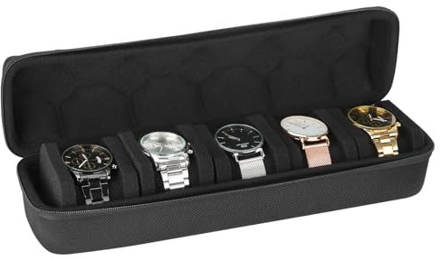 LETURE Hartschalen-Reiseetui mit 2–10 Schlitzen, Uhrenrolle, Aufbewahrung und Organizer, Uhren-Schutzhülle mit Anti-Bewegungs-Uhrenkissen (5 Schlitze, schwarz)