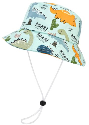 Jupsk Sombrero de Cubo para Niños, Sombrero de Verano para el Sol, Sombrero de Playa con Protección Solar, Sombrero de Aventura con Correa Ajustable, Patrón de Dinosaurio para 1 a 4 Años,Verde