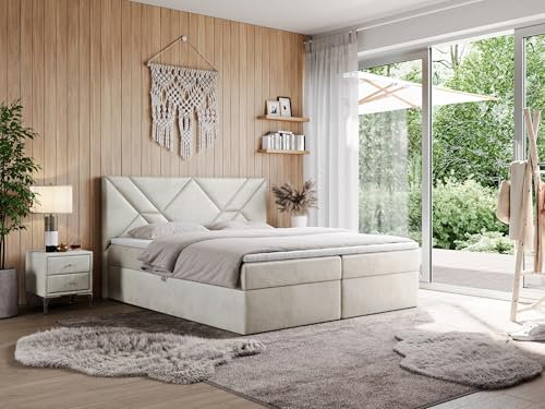 MKS MEBLE Boxspringbett 120x200 mit Matratze H4 und Bettkasten, Doppelbett Bett mit Stauraum und Topper, Polsterbett 120x200 mit Kopfteil - NEOMI - Beige Velvet - H4