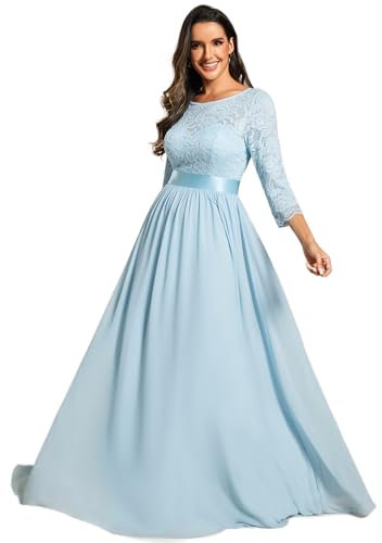 Ever-Pretty Robe de Demoiselle d'honneur Longue Dentelle Mousseline Manches 3/4 Taille Empire Col Rond Bleu Ciel 44