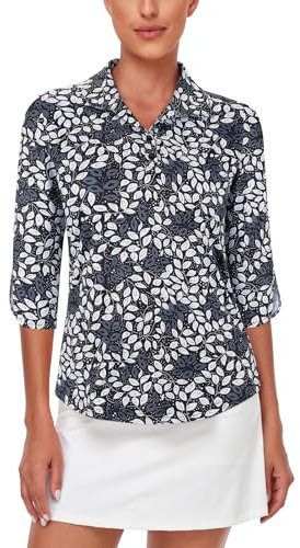 Akiooue Plus Size Womens Golf Polo Shirts, Loose Fit Horse Riding Top Button Up Collared 3/4 Sleeve Outdoor Sport Tops White Leaf Black XX-Large