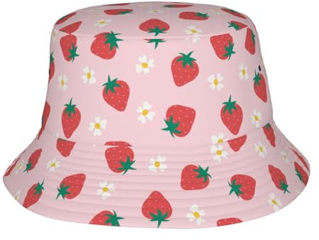 KWQDOZF Erdbeer-Fischerkappen, niedlicher Hut, Damen-Eimerhüte, lustige Kappe, süßer Sonnenhut zum Wandern, Angeln im Freien