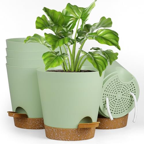 Homeuouz 6 Packs Blumentopf Selbstbewässernd, 17.8cm Pflanzentopf mit Bewässerungssystem, Übertopf mit Brown Untersetzer, Blumentöpfe Set Ideal für Innen und Balkongärten, Grün