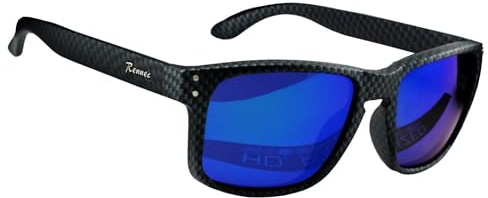 Rennec Herren Sonnenbrille Polarisiert Rechteckig Verspiegelt Dunkel Blau Hochwertige Carbon Kevlar Optik Schwarz Motorsport Brille