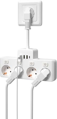 BrightArk Multiprise avec Interrupteur Individuel, Prise Murales Multiple avec 4 Prises et Type C et 3 USB, 3680W 16A, Câble de 5CM, Adaptée Bureau,Accueil, Compatible avec Téléphone, Portable