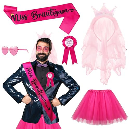 HEYIDAMAI JGA Outfit Männer Set, JGA Männer Kostüm, Junggesellenabschied Männer Kostüm,mit Tütü Herren und Miss Bräutigam Schärpe,Herz Sonnenbrille,Besten Ehemann Abzeichen,Schleier Krone Stirnband.