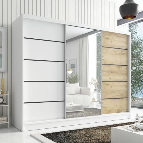 A&J MöbelLand Schwebetürenschrank Aurelia 2 Kleiderschrank 3-türig mit Schubladen, und Spiegel, Garderobe 200 cm (Weiß/Eiche Kraft Gold/weiß)