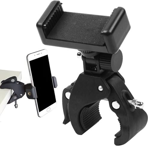 WHILIERA Mic Stand Phone Holder Microphone Arm Mount Clamp Bike Cellphone Holder Mount 180° Rotation for Gym Treadmill Live Broadcast Riding