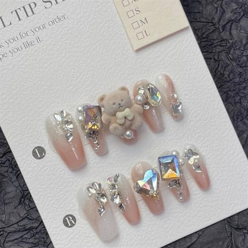 Nails,Nail Tips,Nails Set Handmade Nails Press On 3D Bear Aurora Diamond Pearl Decor Luxury Long Coffin Wearable Full Cover Nail Tips(ZRXX,S)