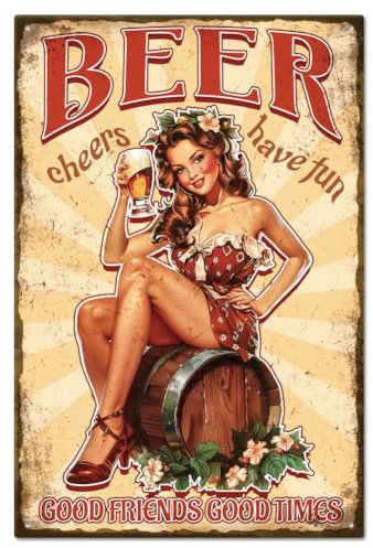 GLOBLELAND Vintage Pin Up Lady Metall Blechschild 12x8 Zoll Retro Bier Lustiges Blechschild Raumtürschild Blechmalerei Kunsttafel Poster Wanddekoration Für Zuhause Bar Kaffee Club Dekoration