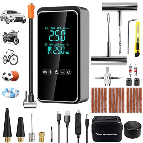 Compresor Aire Portatil, Compresor Aire Coche con Kit Reparación Neumáticos, Mini Inflador Ruedas Coche, USB Recargable Hinchador Electrico para Coches, Motos, Bicicletas, Anillo de Natación