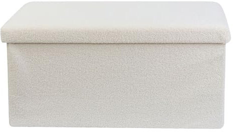 DANIEL JAMES Housewares Folding Ottoman Storage Box – Large Padded Footstool or Storage Chest with Lid for Bedroom, Hallway, Living Room - Teddy Boucle: White