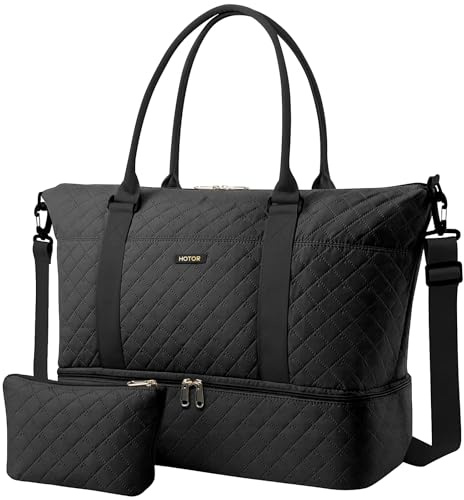 HOTOR Travel Duffel Bag - Weekender Bags for Women, Gym Tote Bags with Shoe Compartment, Carry On Overnight Bag with Toiletry Bag for Travel Essentials and Travel Accessories, Black, 13.4×17.3×7.9