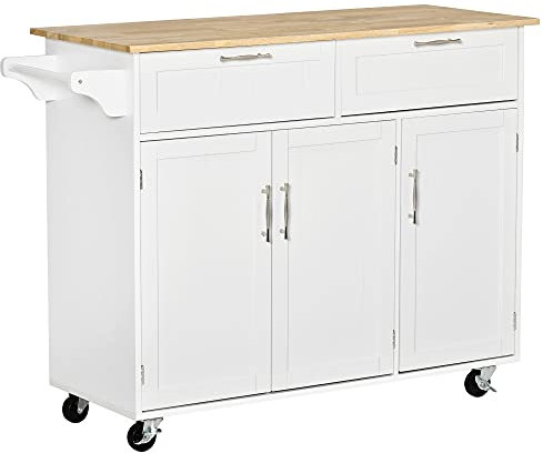 HOMCOM Isla de Cocina con Ruedas Carro de Cocina Mueble Auxiliar de Cocina con 2 Cajones 3 Puertas y Barra Lateral para Comedor 121x46x91 cm Roble y Blanco