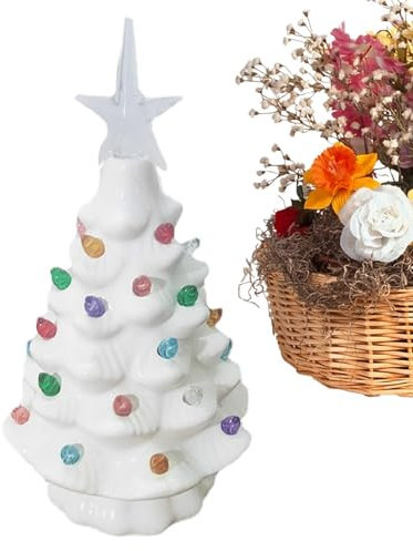 Árbol de Navidad de cerámica, decoración navideña preiluminada de 7.4 pulgadas, luces de árbol de Navidad vintage iluminadas, con luces de bombilla multicolor, decoraciones navideñas