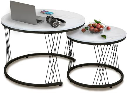 AT-VALY Couchtisch, rund, stapelbar, weiße Marmoroptik, MDF-Platte und goldfarbene Metallbeine, moderne Beistelltische