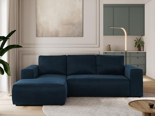 MKS MEBLE Sofa mit Schlaffunktion - Ecksofa mit Schlaffunktion und Bettkasten - Sofa 3 Sitzer - Schlafsofa - Couch - Schlafsofa mit Bettkasten - Trentino L - Dunkelblau Velvet - Links