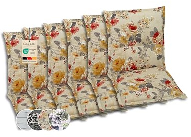 GO-DE Textil Bequeme und attraktive Polsterauflagen für Niederlehner-Gartenstühle (6er-Set, Blumen bunt beige, Niederlehner)