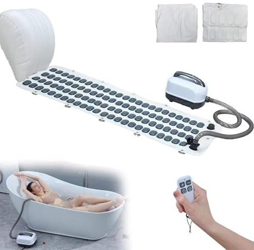 ASnwpaK Bath Spa Massage Mat - 6 Level Adjustment, 114cm/124cm Long Body Bubble Bath Machine, With Inflatable Pillow + Remote Control, Powerful Air Pump, 114 Nozzles, Improve Sleep,114cm