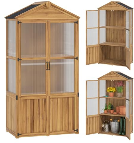 Outsunny Abri de Jardin en Bois, Armoire de Jardin en Bois avec Panneaux en Acrylique, cabane à Outils avec Toit en Asphalte, étagères Amovibles et Portes Doubles, 94 x 55 x 178 cm, Naturel