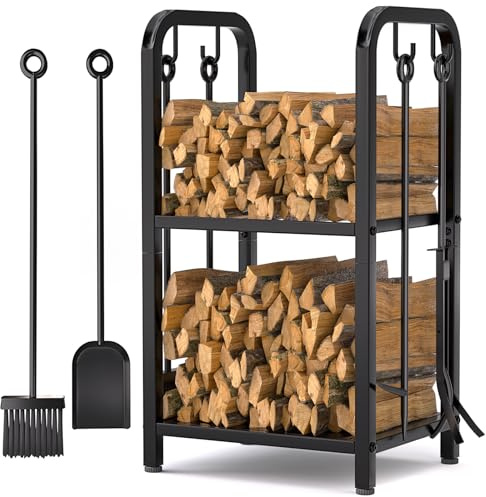 HONEST OUTFITTERS Kaminholzregal Innen, 2-stöckiges Kaminholzregal Außen mit 4 Stück Kaminwerkzeuge Set, Schwerlast Holzholzhalter für Kamin, Feuerstelle, Holzofen Schwarz