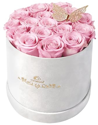Cyrabota 16 Light Pink Preserved Roses Round Gift Box for Women