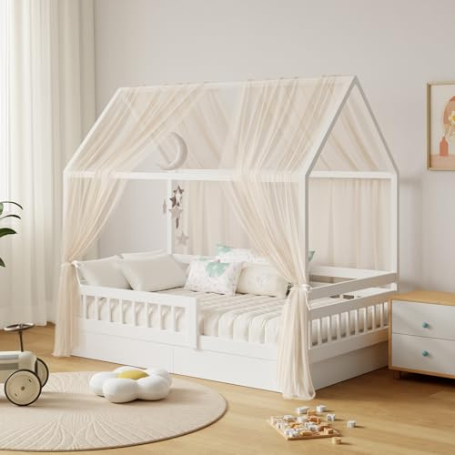 GFCC Ciel de Lit Cabane pour Maison Lot de 2 Beige 150x350cm | Décoration Voile Lit Cabane pour Chambre d'enfant,Rideau Voilage pour Fille Garçon